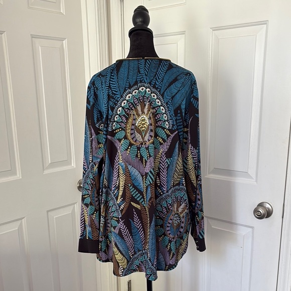 Bob Mackie Blue Green Long Sleeve Graphic Blouse - Picture 8 of 13